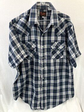 Plains Men’s Western Pearl Snap Shirt Cotton Silver Thread Blue Checks - L
